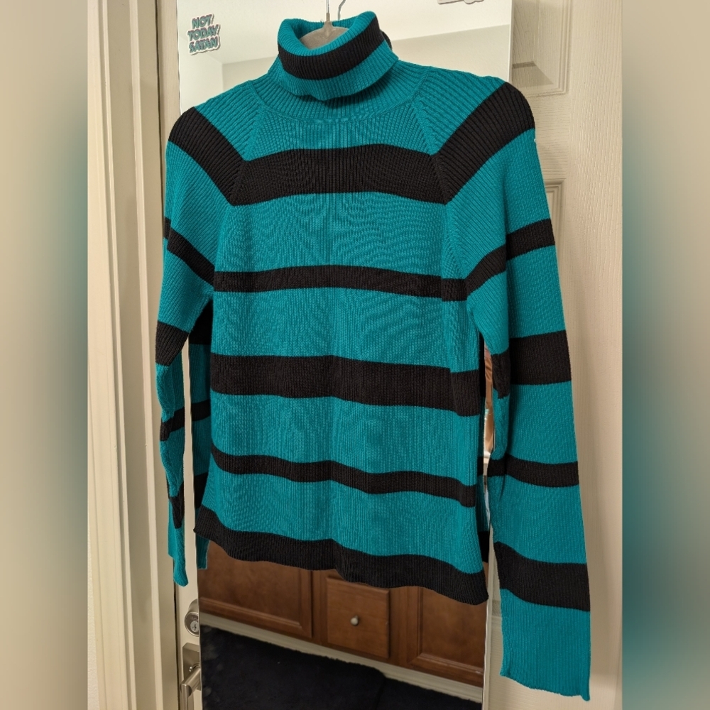 Vintage Marsh Landing Teal and Black Striped Turtleneck Sweater Size Medium
